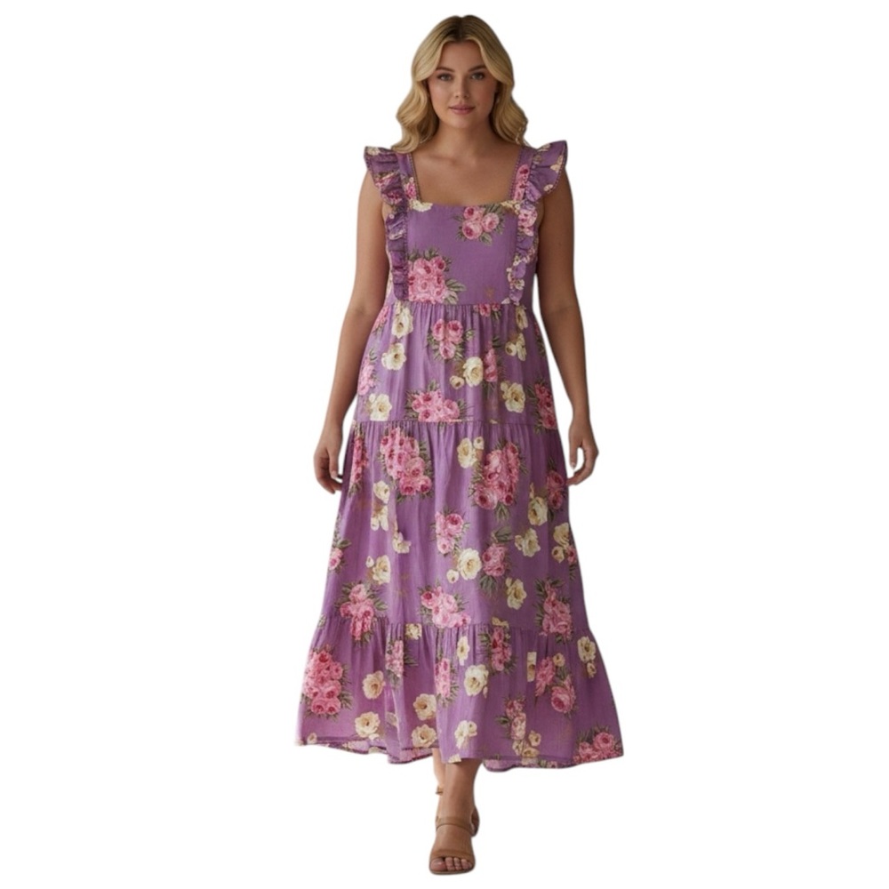 Betsy Johnson Lavender Cotton Bouquet Print Square Neck Flutter Sleeves Maxi XL